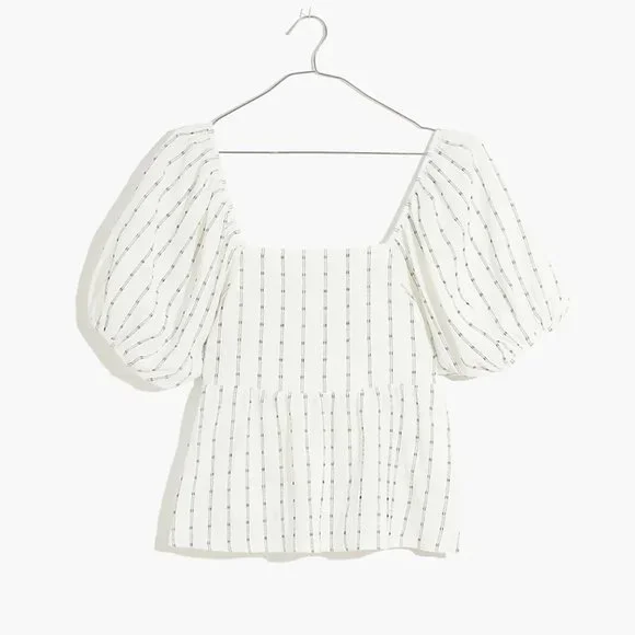 MADEWELL WHITE KNIT-RIGHT-IN DOT PATTERN PUFF-SLEEVE TEXTURED EMPIRE TOP - Picture 4 of 5
